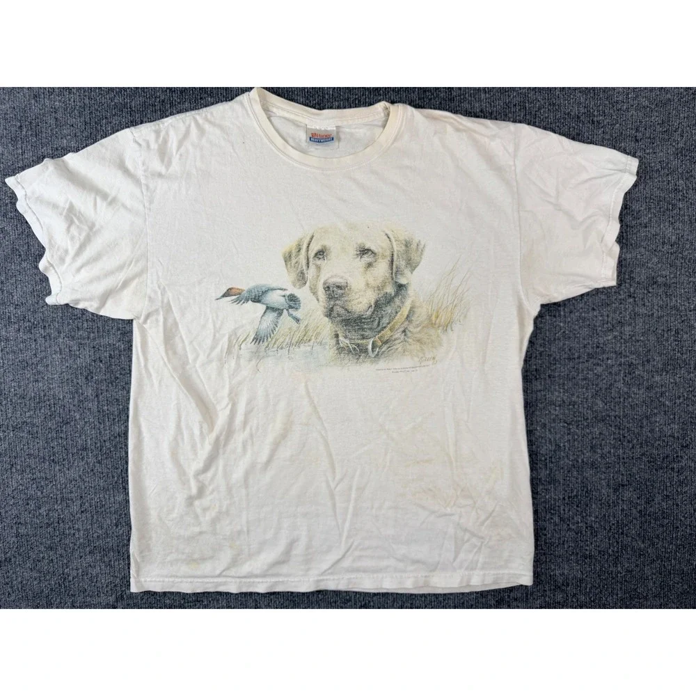 Vintage Hanes T Shirt XL White Yellow Lab Duck Hunting Graphic James Killen‎ 90s